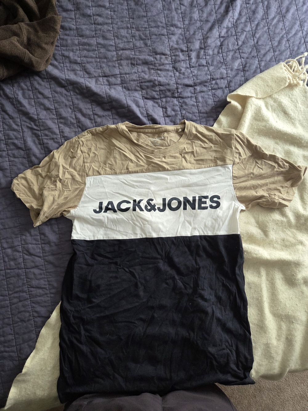 Jack & Jones Beige White Black Colorblock Short Sleeve Tee